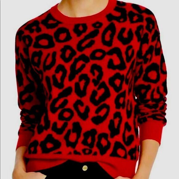 Aqua Womens Red Crew-Neck Drop-Shoulder Leopard Jacquard Cashmere Sweater - Picture 1 of 2
